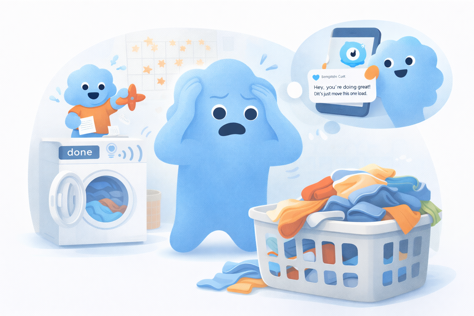 Bobby the Gentle Cue mascot helping with laundry — showing the device, app notifications, and a basket of clean clothes