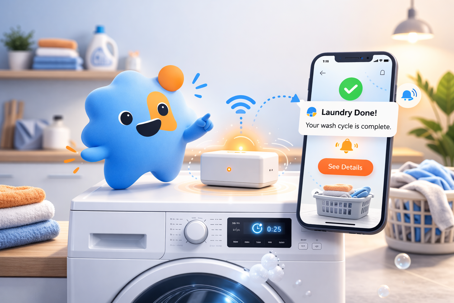 Gentle Cue device on a washing machine with Bobby the mascot and phone notification showing laundry is done